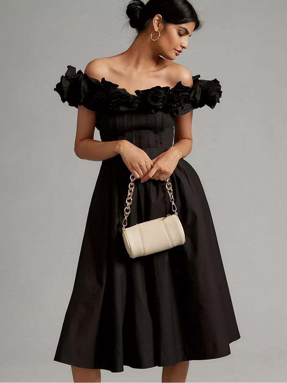Anthropologie Corina Ruffled Neckline Pleated Dress Black Flower Cocktail Small